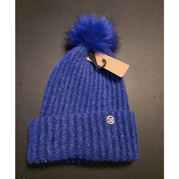Steve Madden Accessories - NEW Steve Madden Fuzzy Cloud Knit Faux Fur Pom Pom Beanie Cobalt Blue Winter Hat